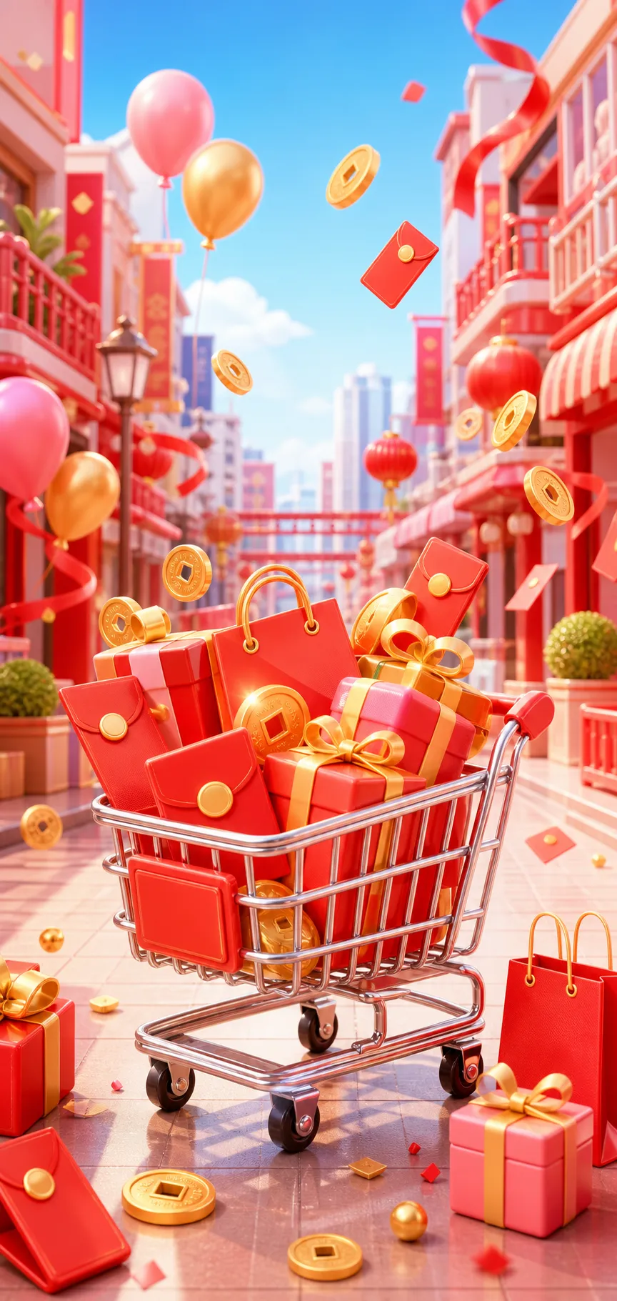 节日购物车里装满了红色礼物和金币｜AI 生图提示词