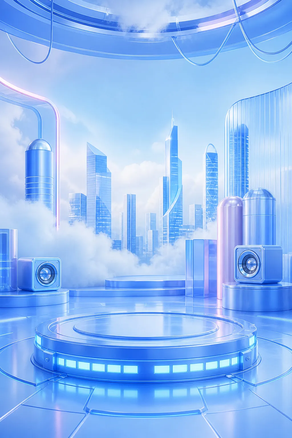 未来蓝色舞台讲台与城市天际线｜AI 生图提示词