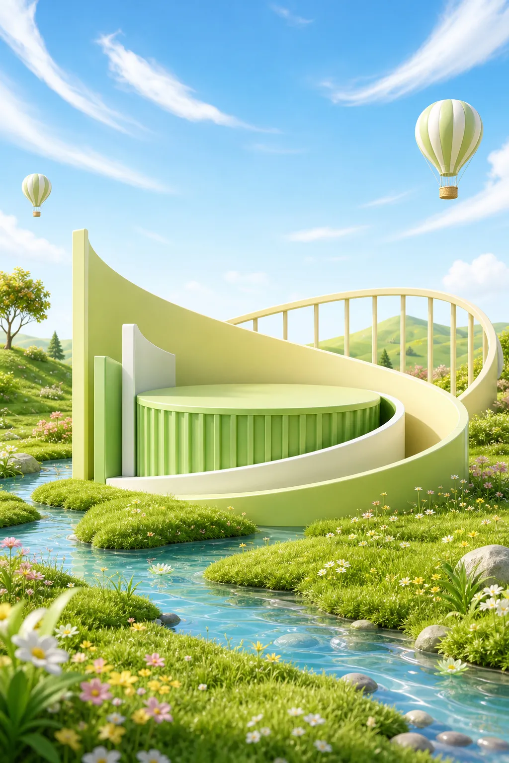 草地自然景观中的绿色圆形讲台舞台｜AI 生图提示词