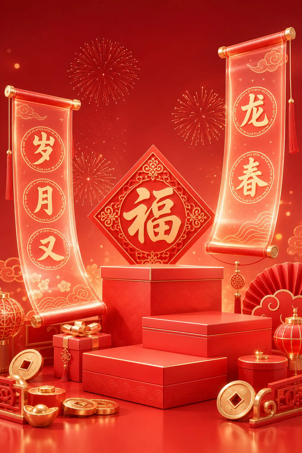 中国新年红色讲台展示带卷轴｜AI 生图提示词
