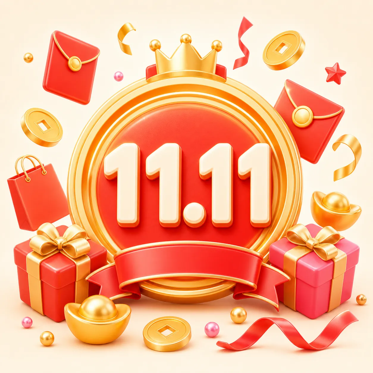 11.11 购物节红金3D插画｜AI 生图提示词
