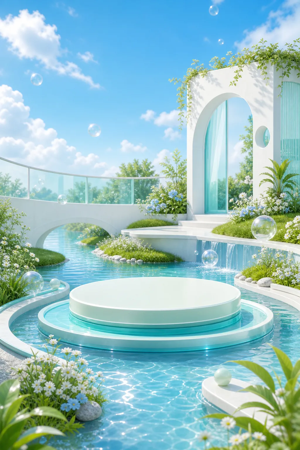 梦幻泳池花园中的白色圆形平台｜AI 生图提示词