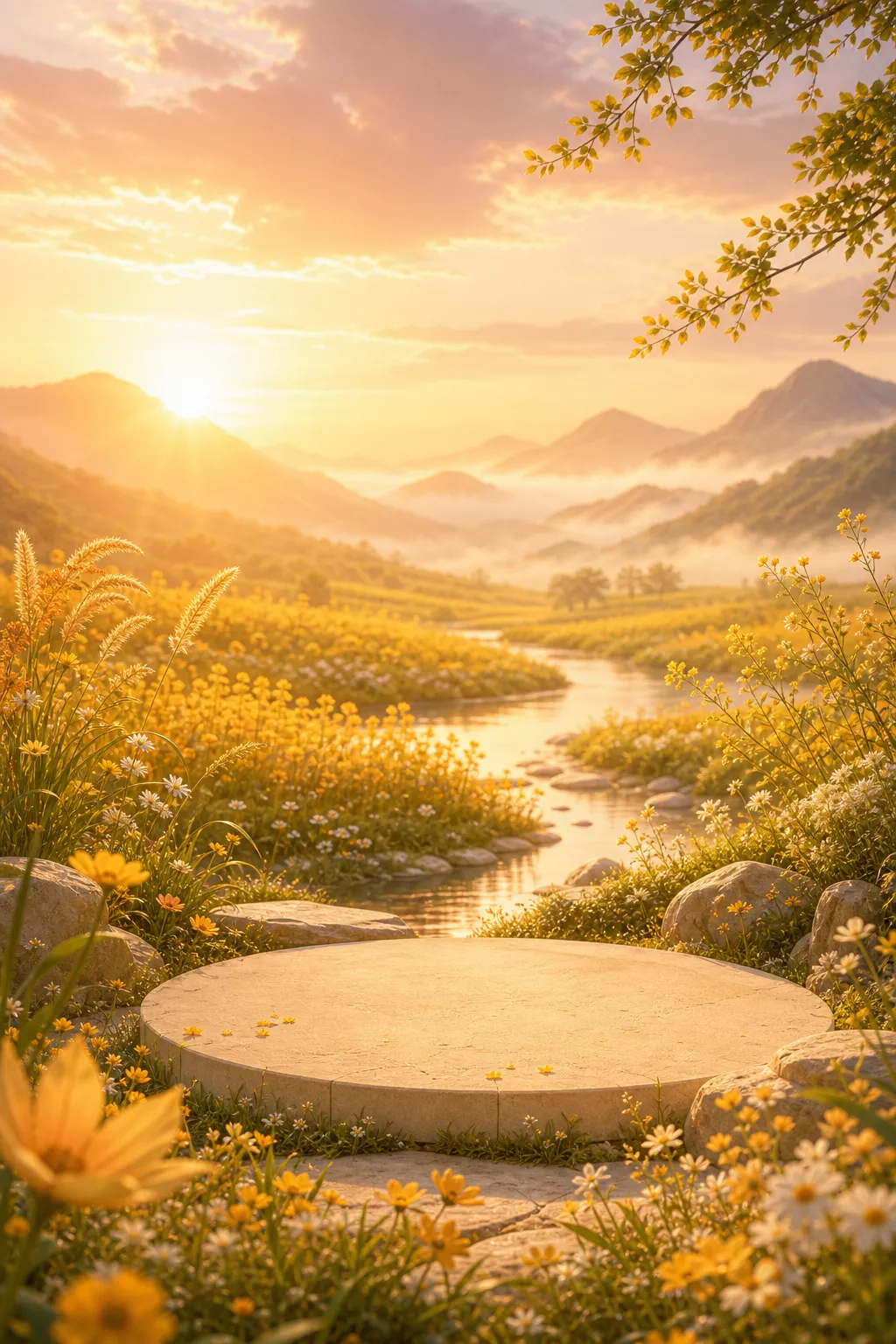 日落时分花田中的圆形石基座｜AI 生图提示词