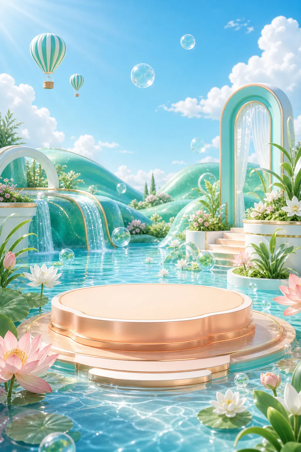 圆形金色讲台置于水面上，配有莲花｜AI 生图提示词