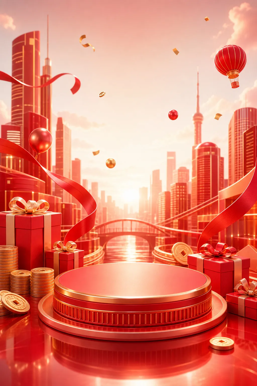 红金相间的3D讲台，背景为中国新年城市｜AI 生图提示词