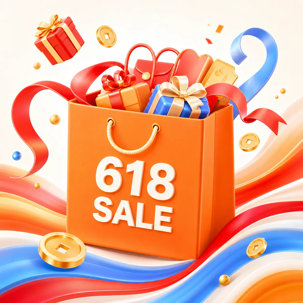 3D橙色购物袋，618件促销及礼品｜AI 生图提示词