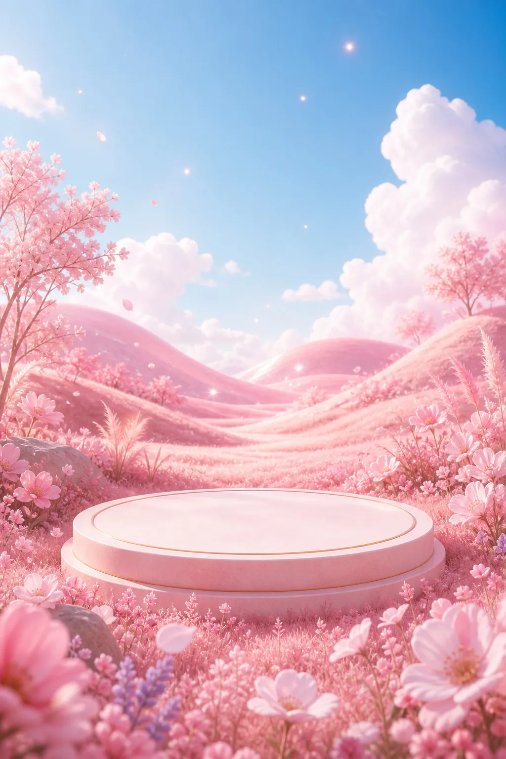 梦幻花田中的粉色圆形讲台｜AI 生图提示词