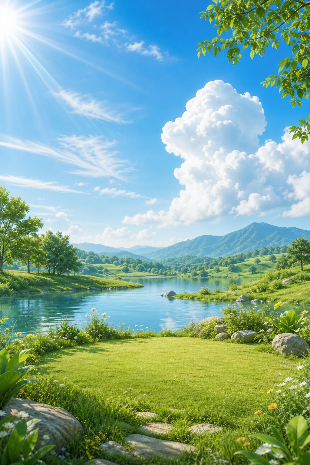 阳光明媚的河流景观，绿山碧蓝的天空｜AI 生图提示词