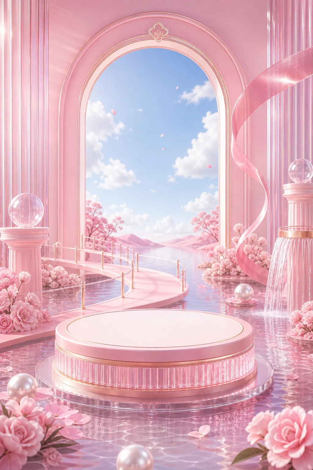 粉色讲台舞台，花朵和蓝天美景｜AI 生图提示词