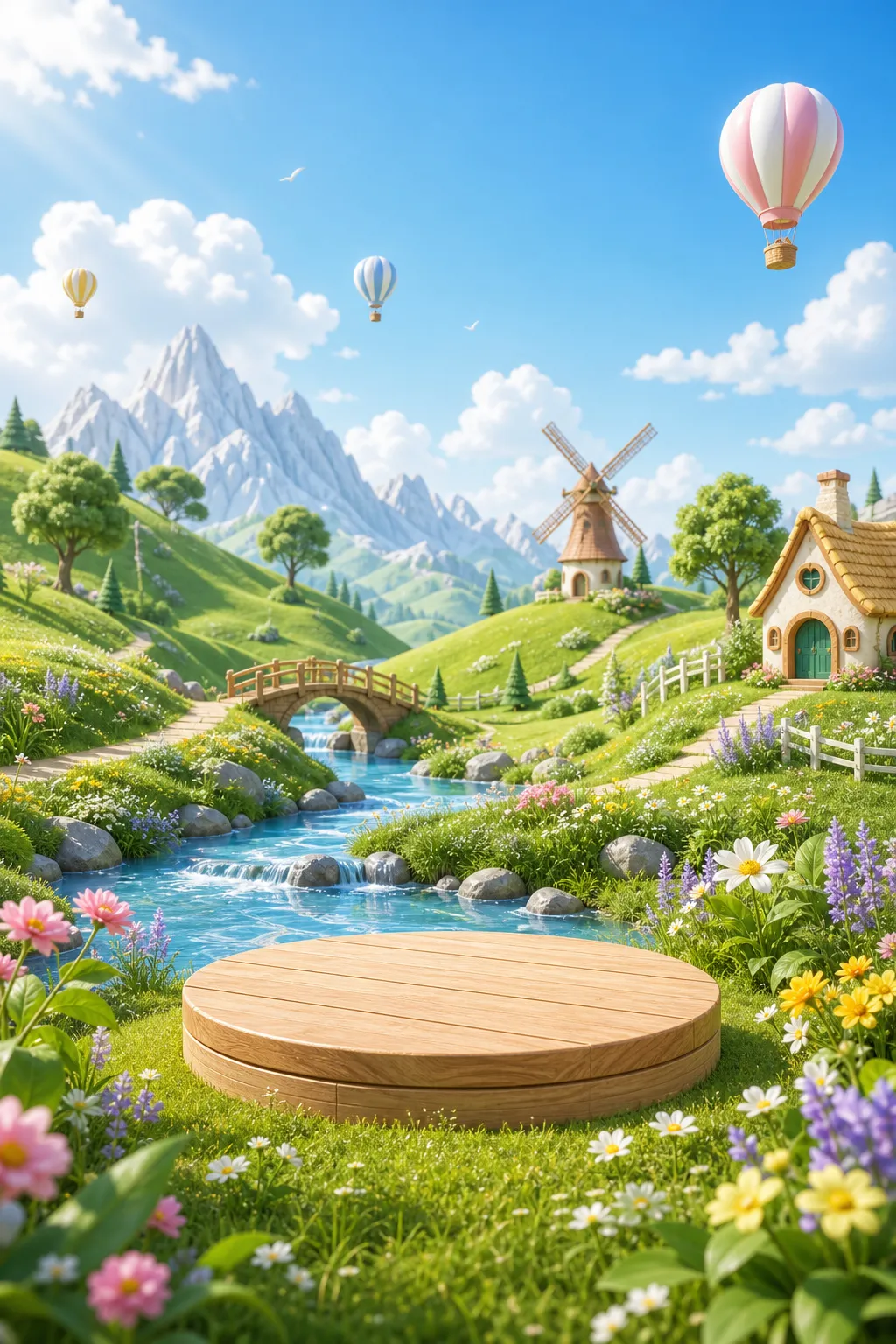 幻想景观，配有圆形木制讲台和气球｜AI 生图提示词