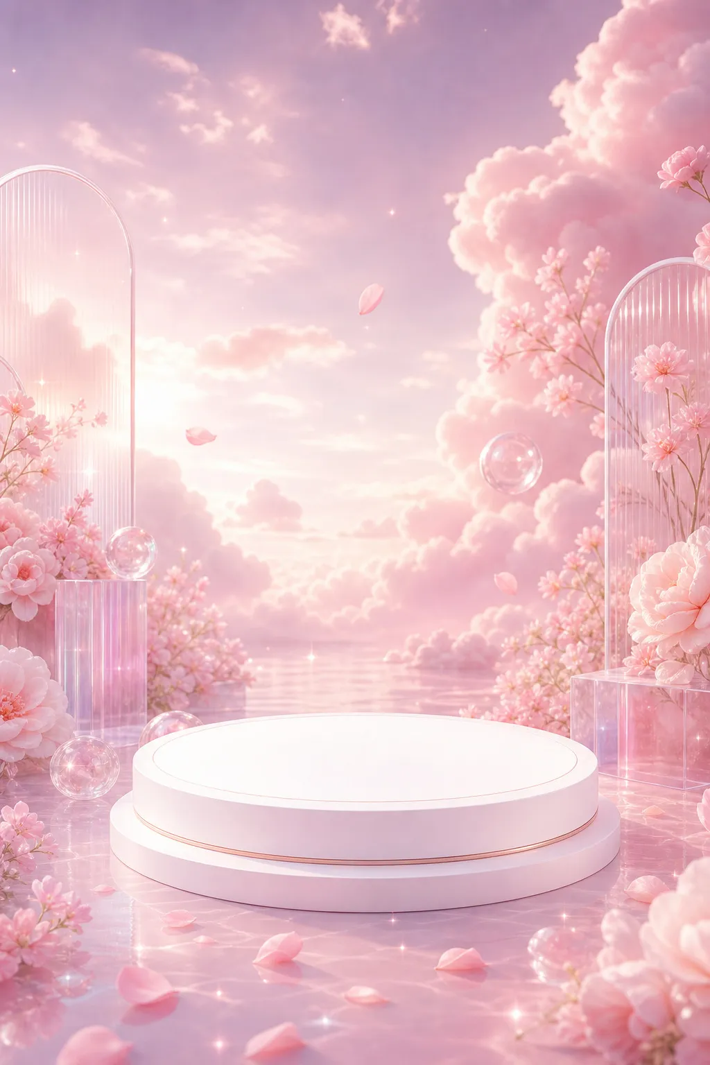 粉色花卉讲台与云朵｜AI 生图提示词