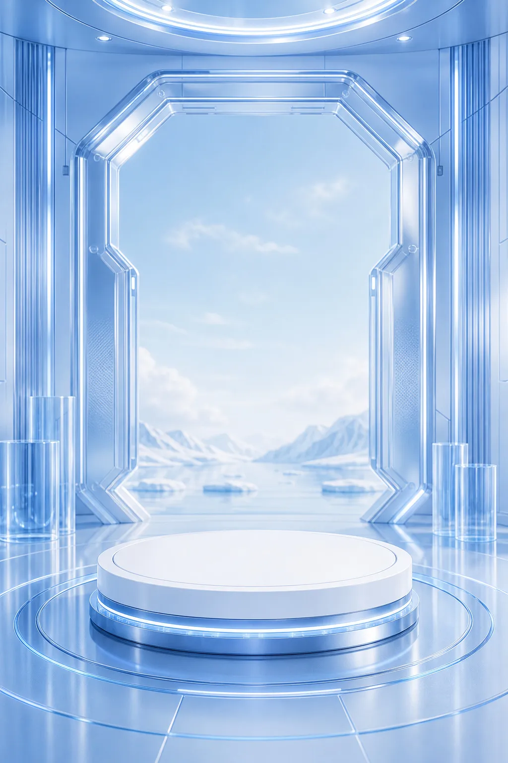 未来感十足的蓝色房间，白色讲台和冰面景观｜AI 生图提示词