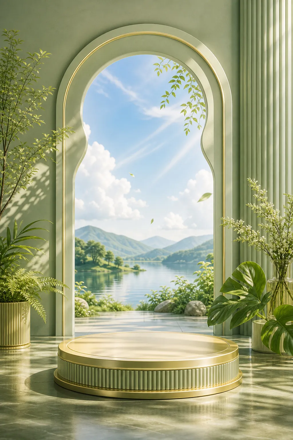 圆形金色讲台，俯瞰湖景和山景｜AI 生图提示词