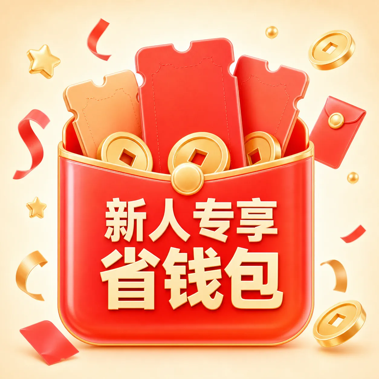 红色新手储蓄钱包，附有优惠券和金币｜AI 生图提示词