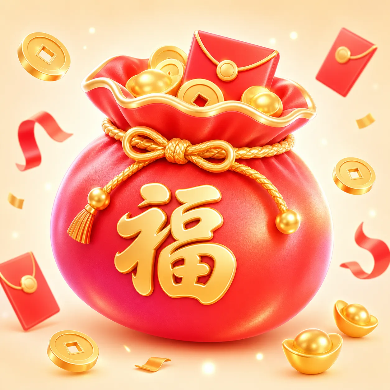 红色幸运袋，内含金币和幸运符号｜AI 生图提示词