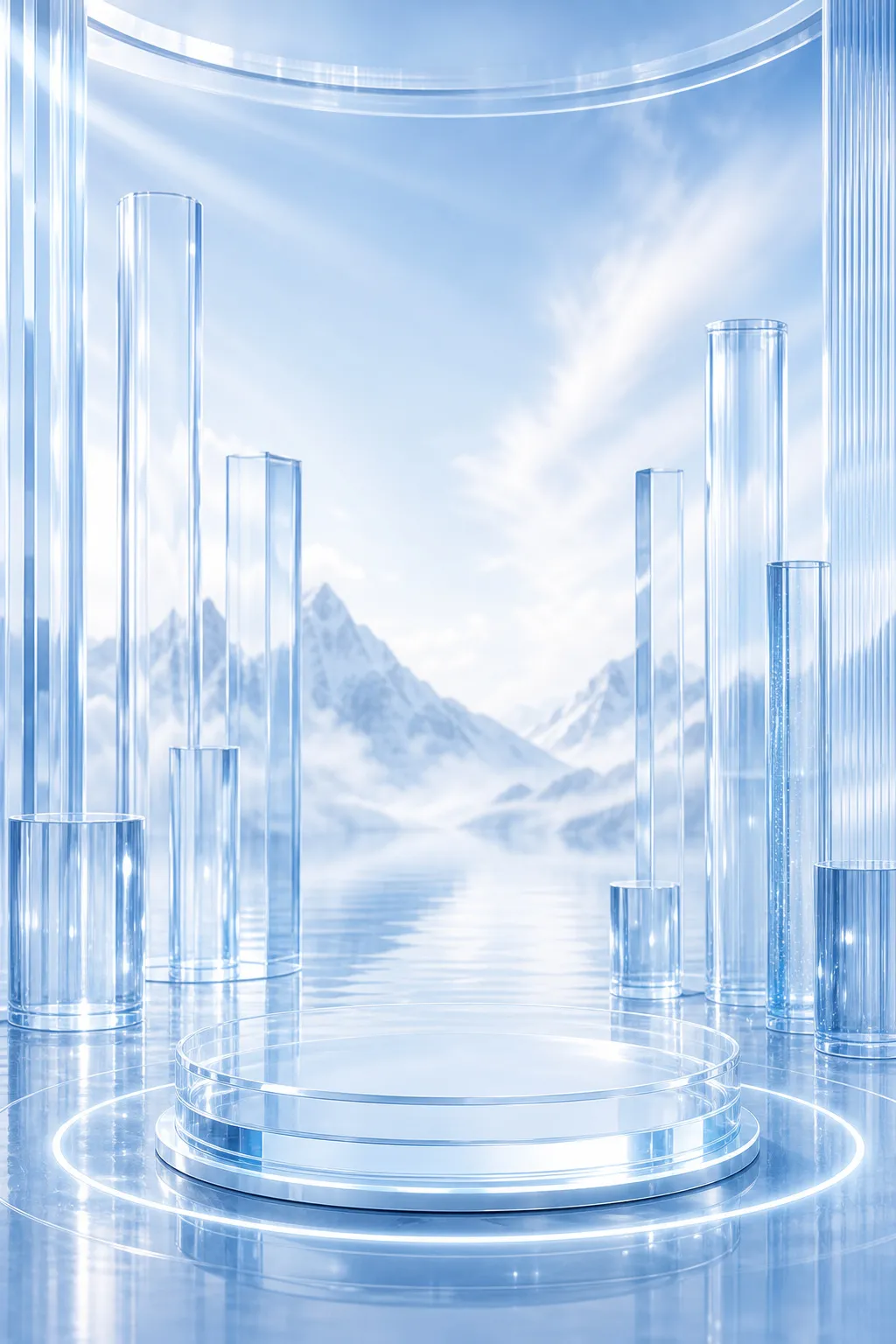 透明玻璃讲台，背景为山景｜AI 生图提示词