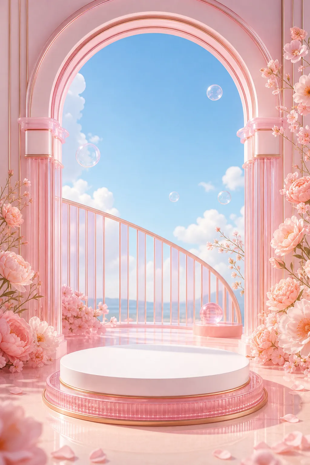 粉色花卉拱门基座，背景为蓝天｜AI 生图提示词