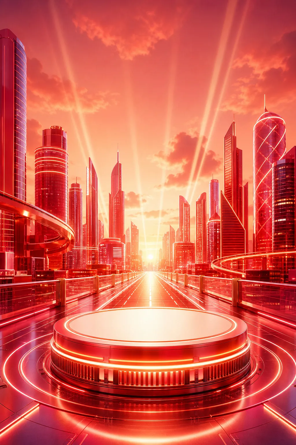 未来感十足的红色城市，带有发光的圆形平台｜AI 生图提示词