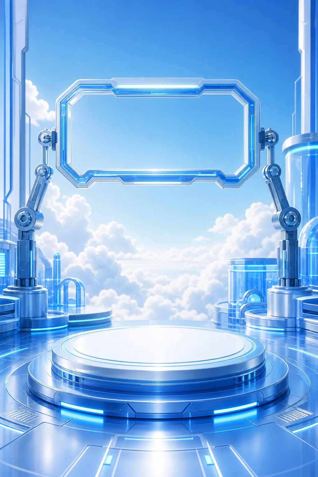 未来感十足的蓝色科幻讲台，配有机器人框架和云朵｜AI 生图提示词