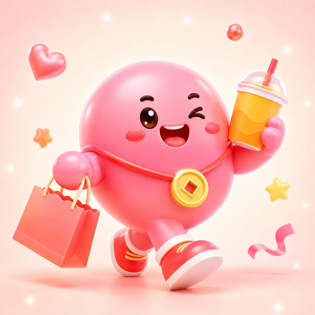 可爱的粉色3D吉祥物拿着饮料和购物袋｜AI 生图提示词