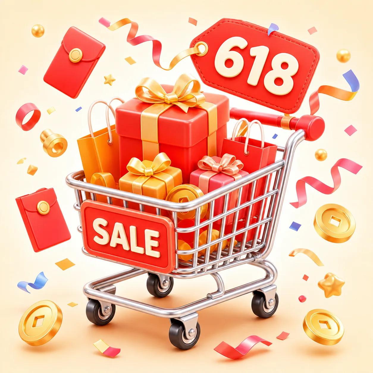 618 特卖购物车，内含礼品和硬币｜AI 生图提示词