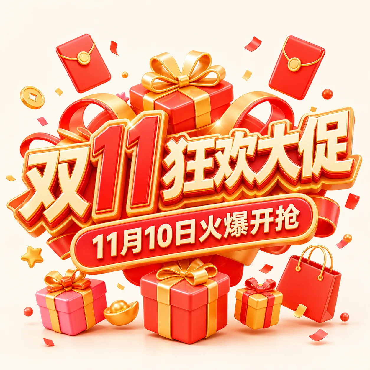 3D双11购物节促销横幅及礼品｜AI 生图提示词
