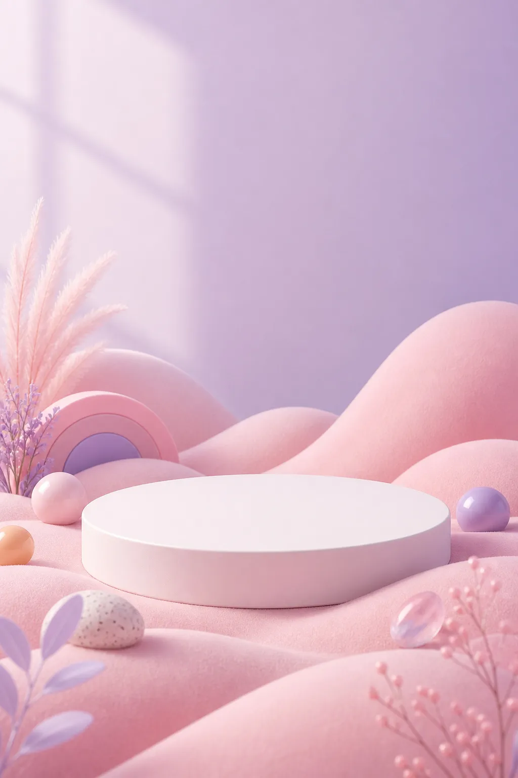 粉色和紫色3D产品展示台｜AI 生图提示词