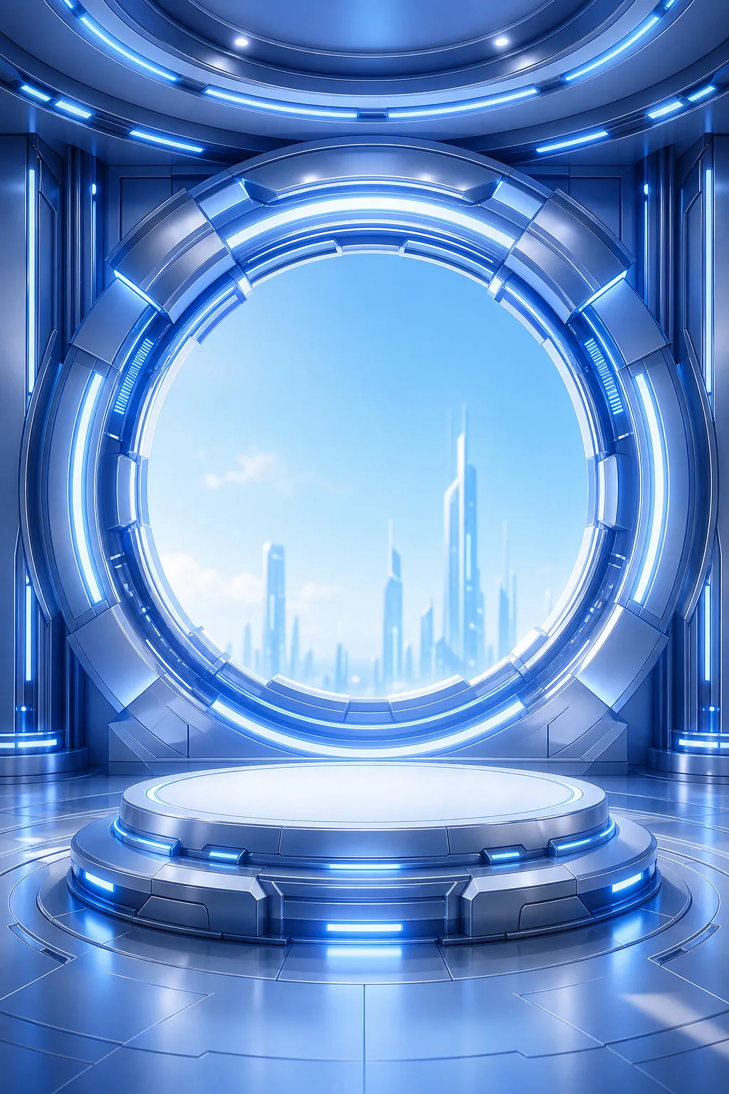 未来科幻厅，带圆形窗户和讲台｜AI 生图提示词