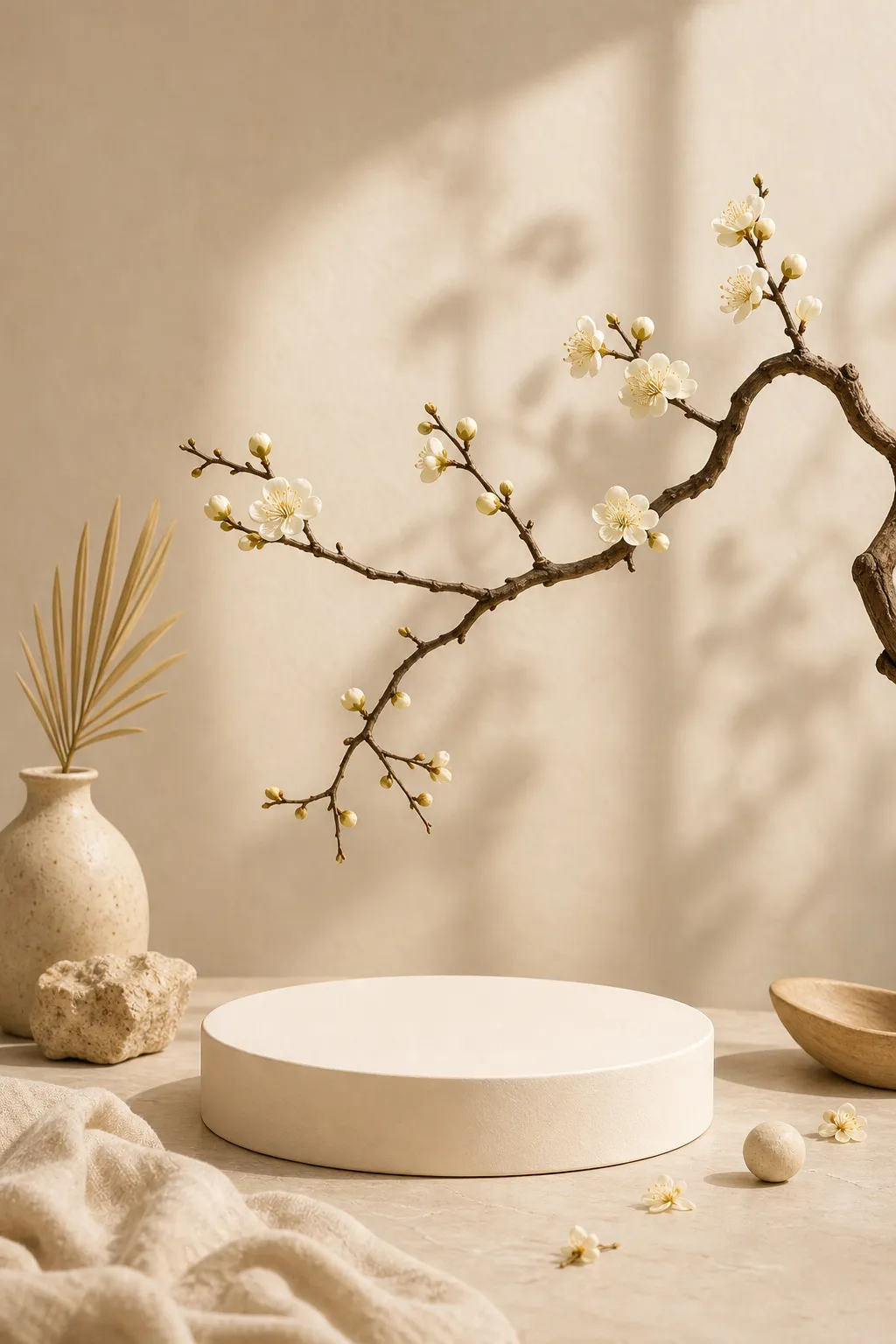 极简米色基座，花枝开｜AI 生图提示词