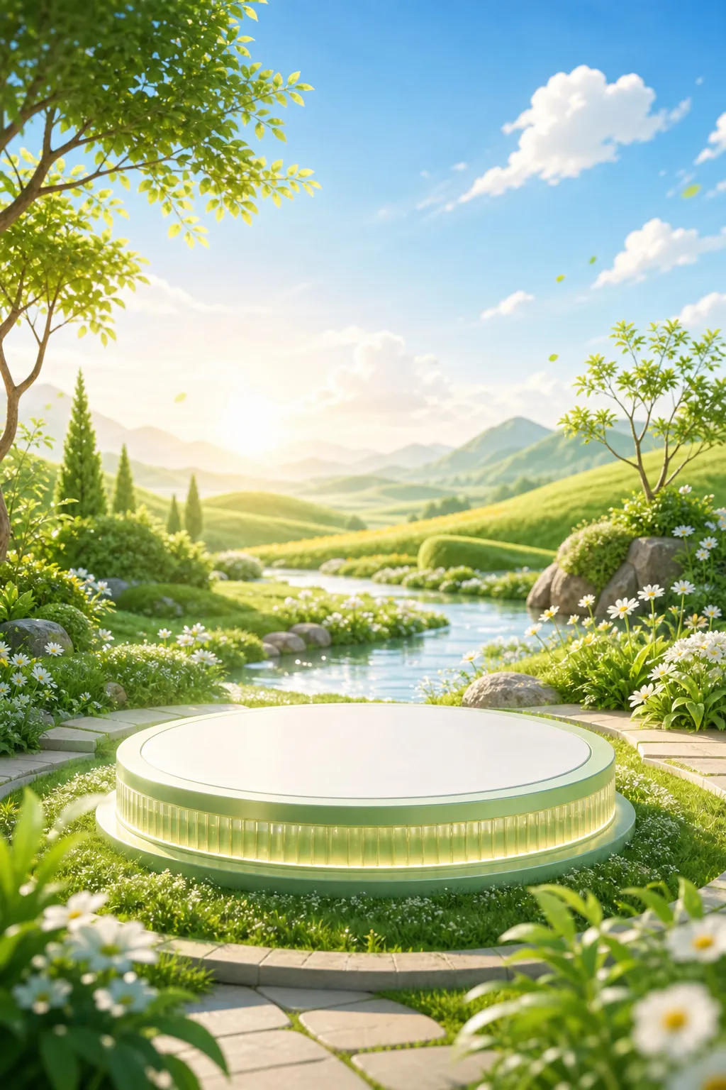 郁郁葱葱的自然景观中的圆形绿色讲台｜AI 生图提示词