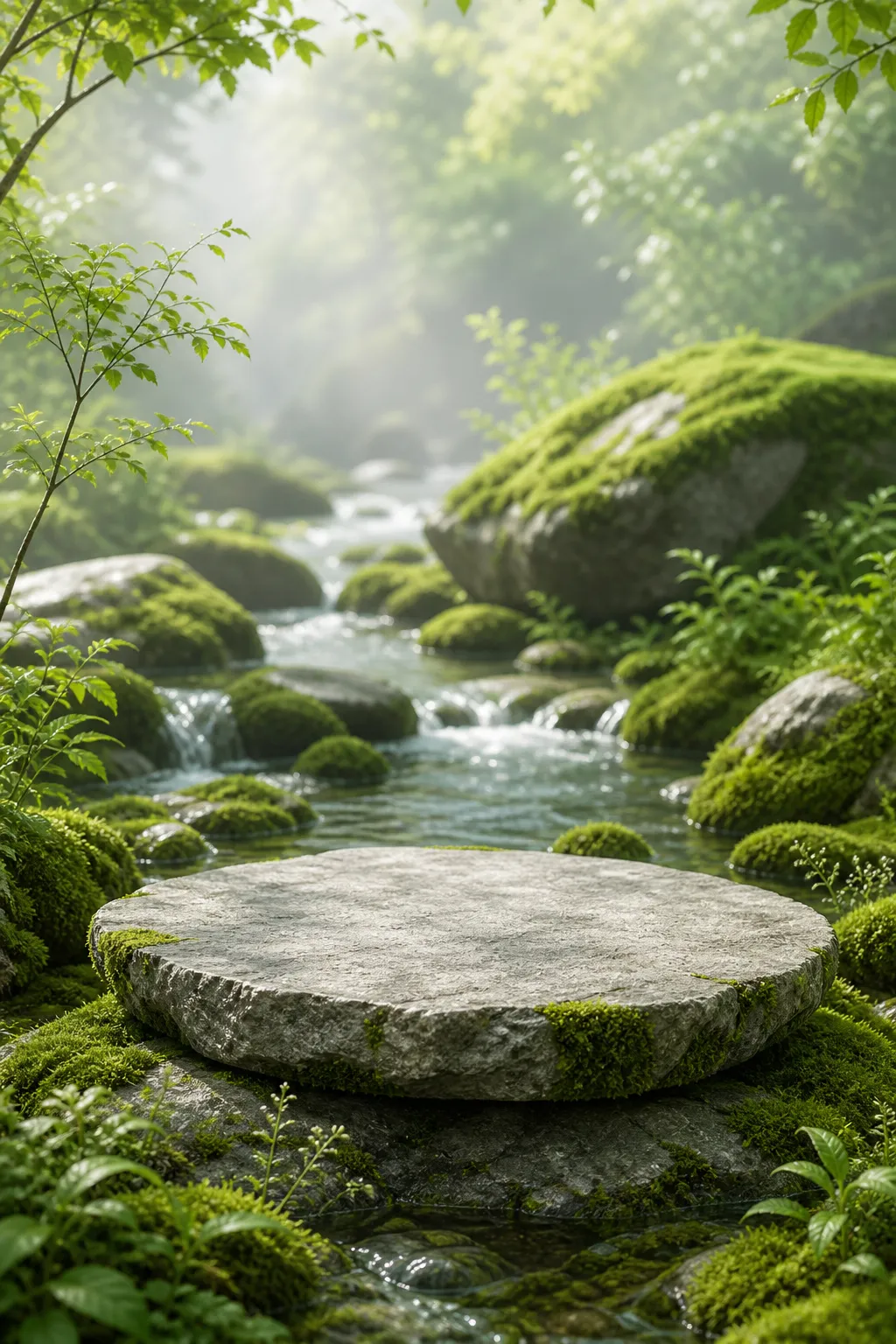 苔藓森林溪流中的圆形石台｜AI 生图提示词