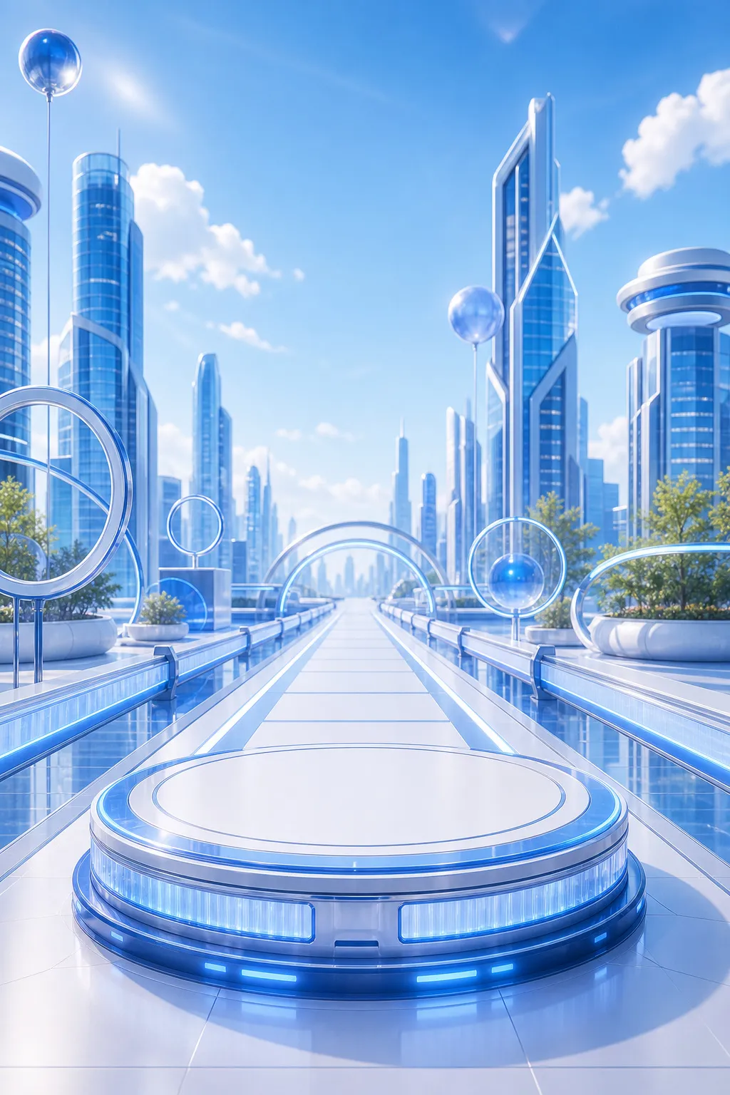 未来感十足的蓝色城市，配有发光的讲台和走道｜AI 生图提示词