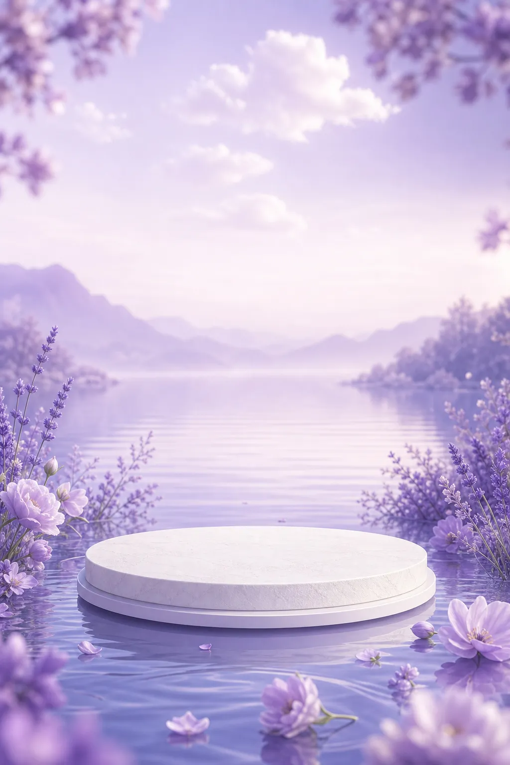 紫色湖面上的白色圆形基座，花朵开着｜AI 生图提示词