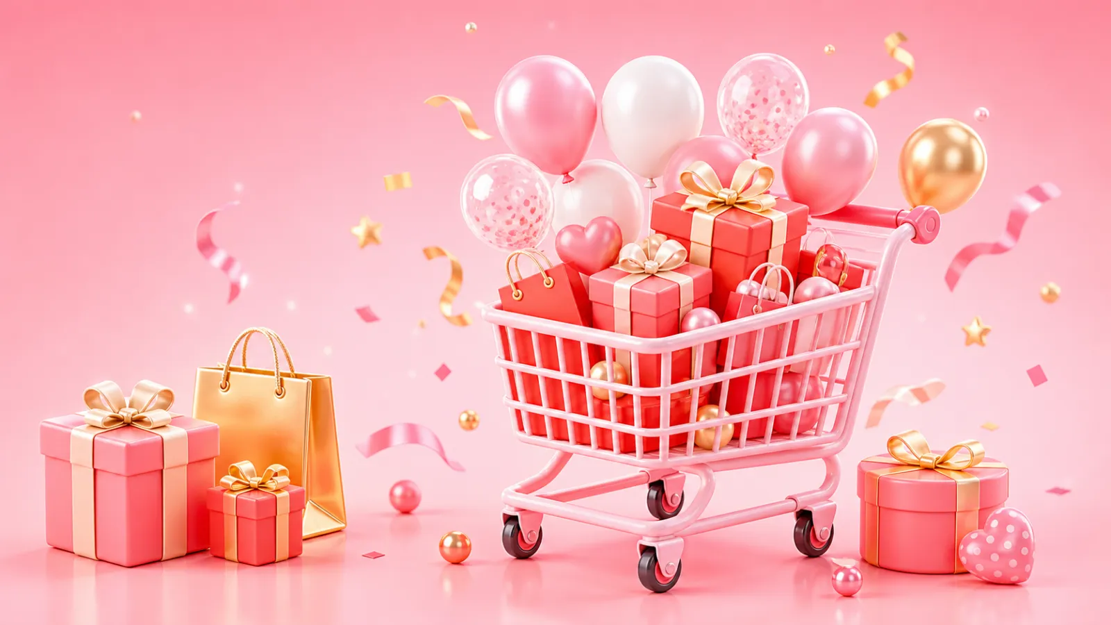 粉色购物车里装满了礼物和气球｜AI 生图提示词
