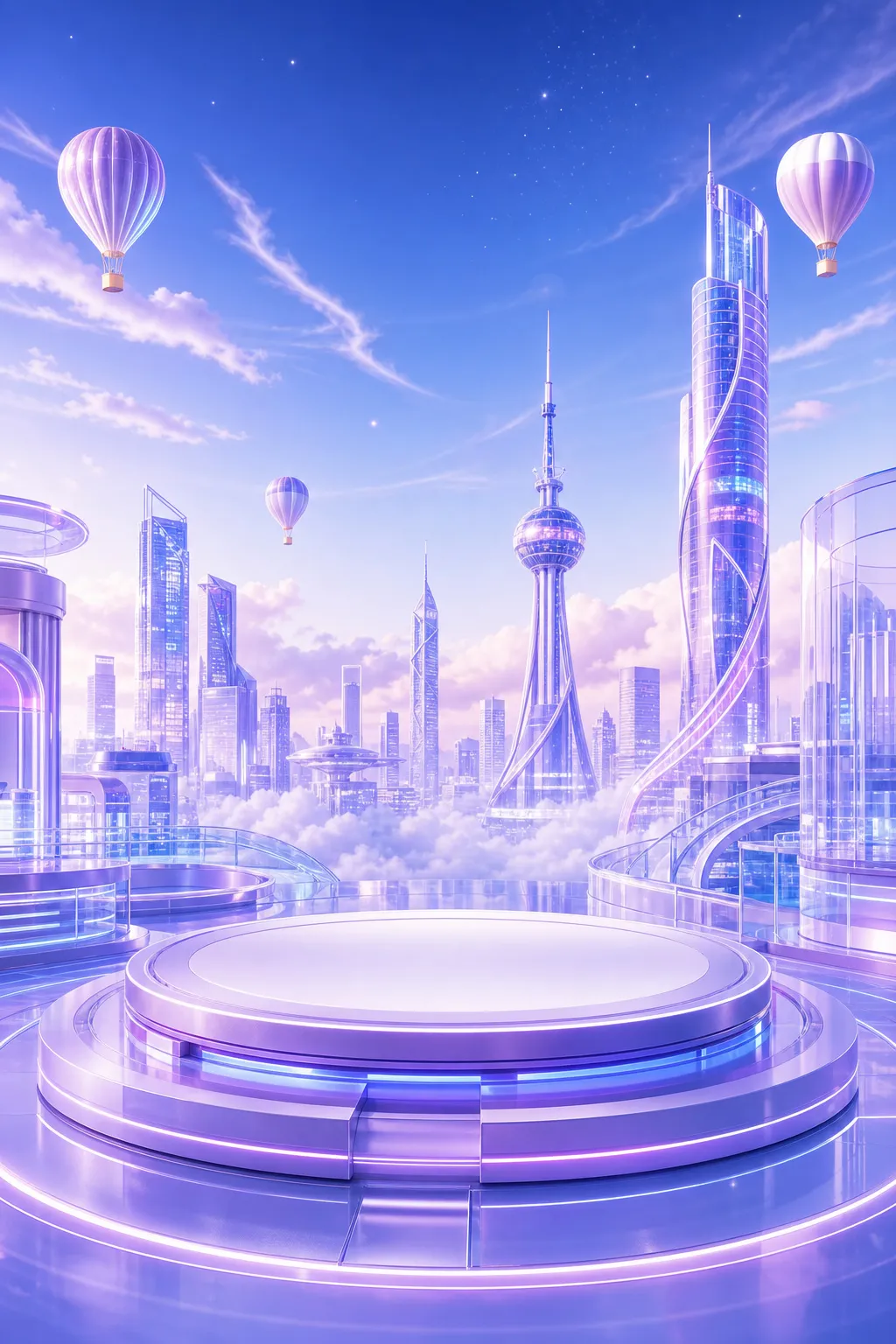 未来感十足的紫色城市舞台，摩天大楼林立｜AI 生图提示词