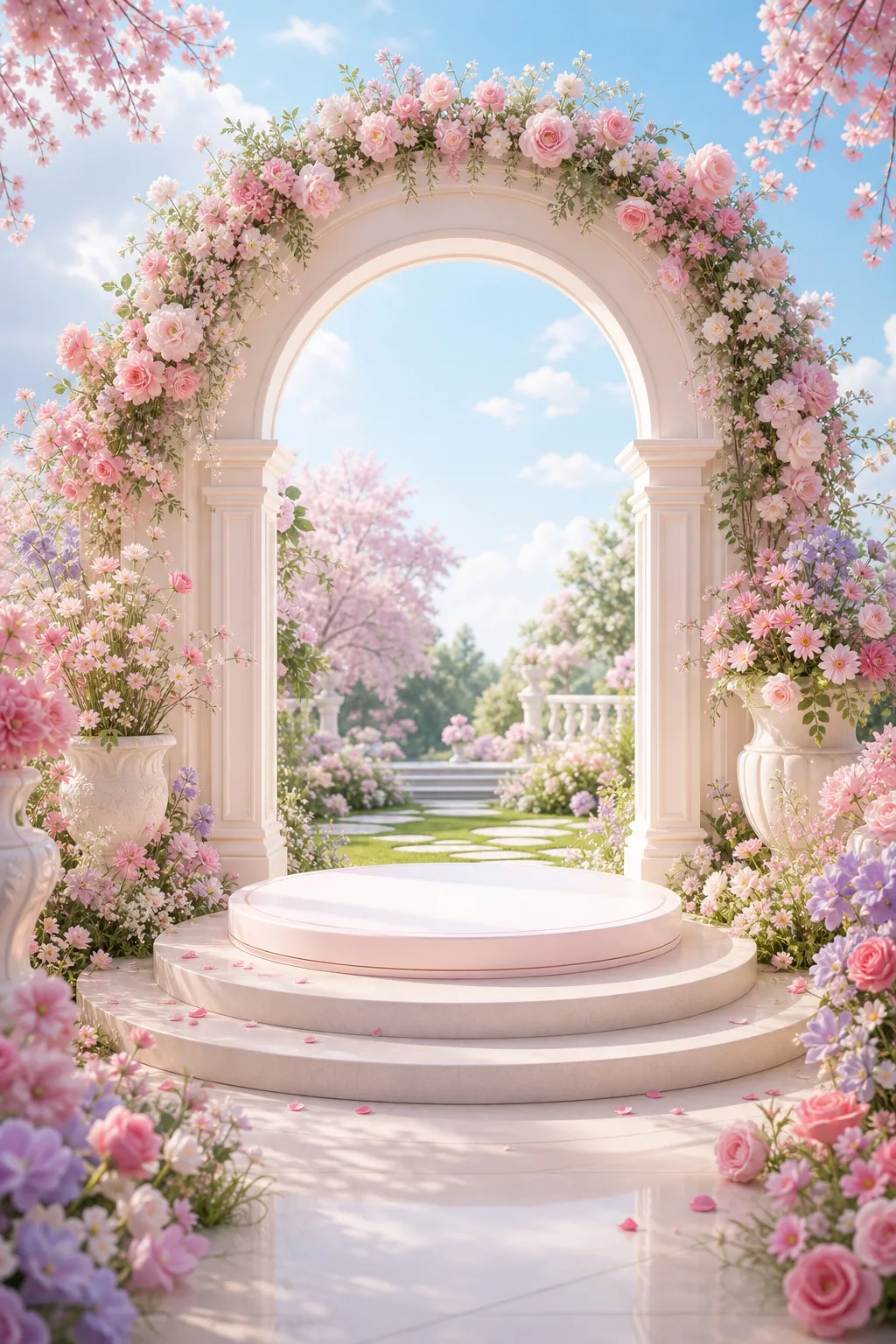 花园中的粉色花卉拱门讲台｜AI 生图提示词