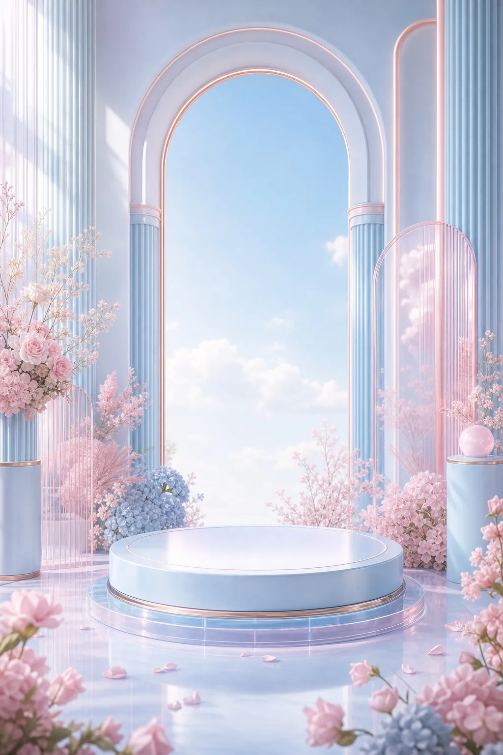 产品展示用的粉彩花卉拱形讲台｜AI 生图提示词