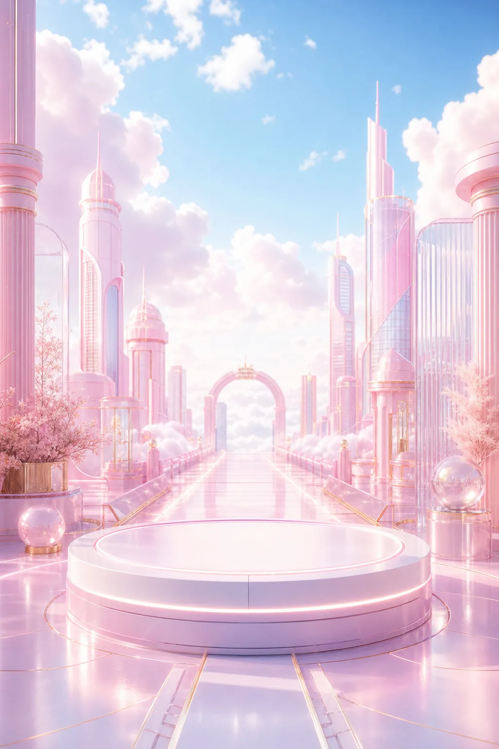 梦幻般的粉色未来城市，带圆形讲台｜AI 生图提示词