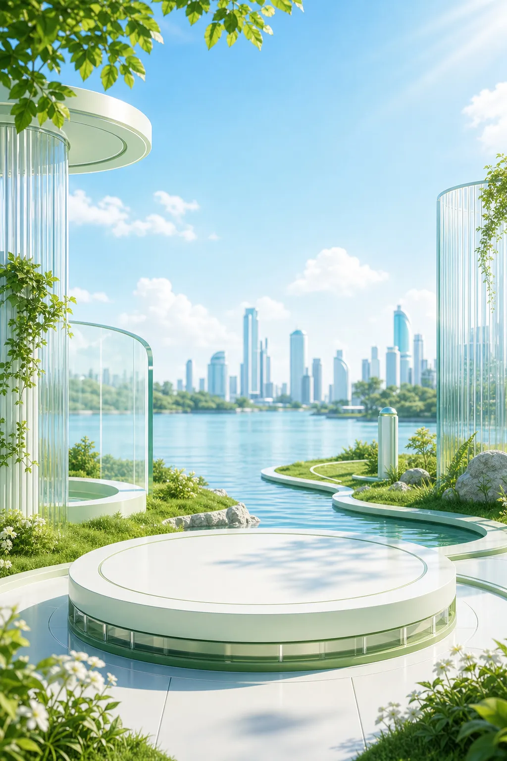 未来感十足的花园平台，可俯瞰河流和城市天际线。｜AI 生图提示词
