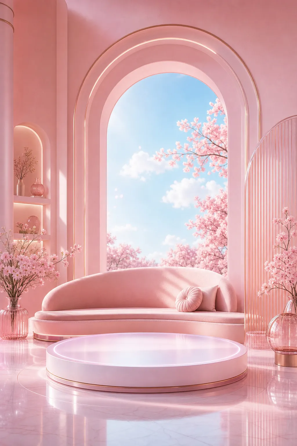 粉色房间，带沙发和樱花景观，透过拱门望去｜AI 生图提示词