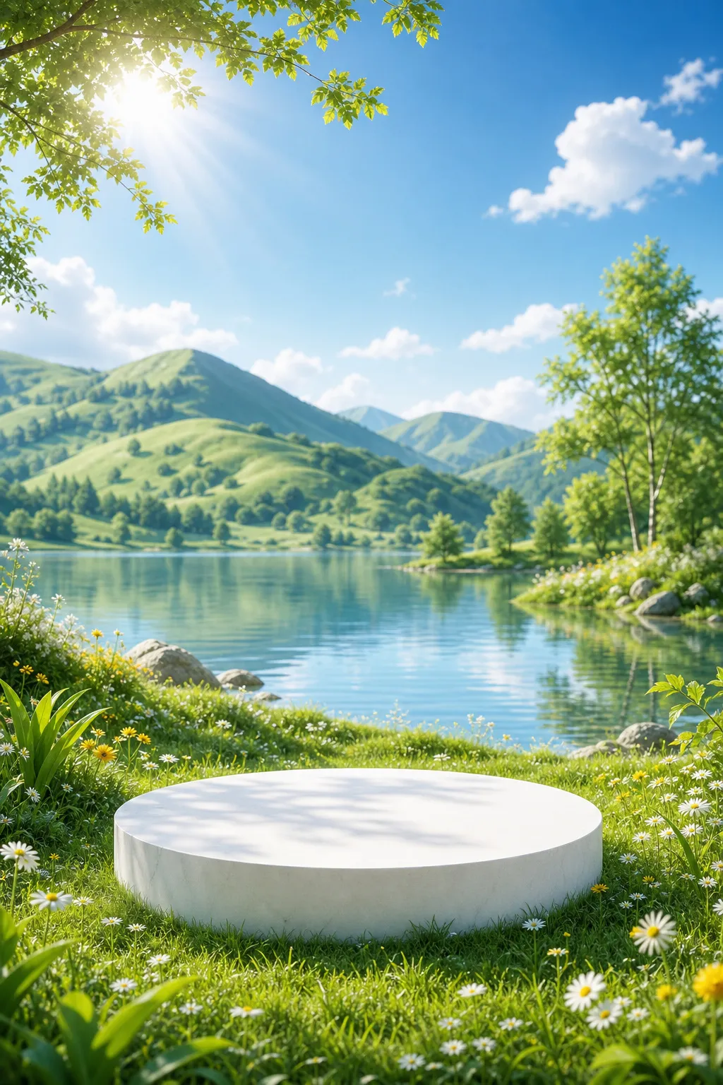 阳光明媚的自然景观中白色圆形基座，湖泊环绕｜AI 生图提示词