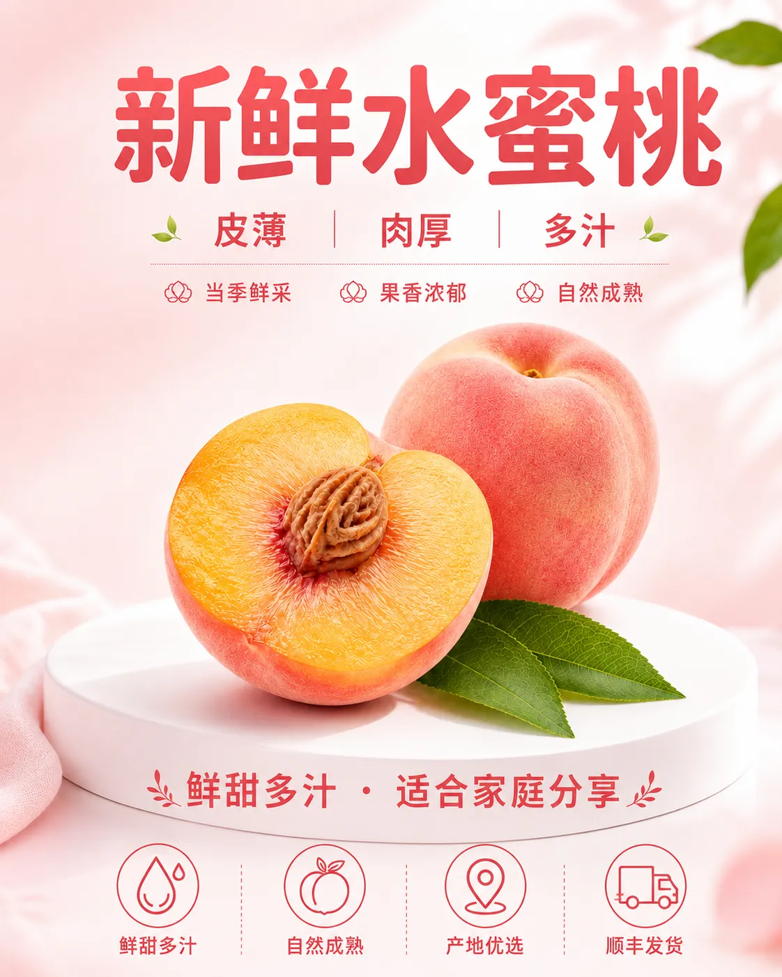 新鲜甜美多汁的蜂蜜桃子海报｜AI 生图提示词