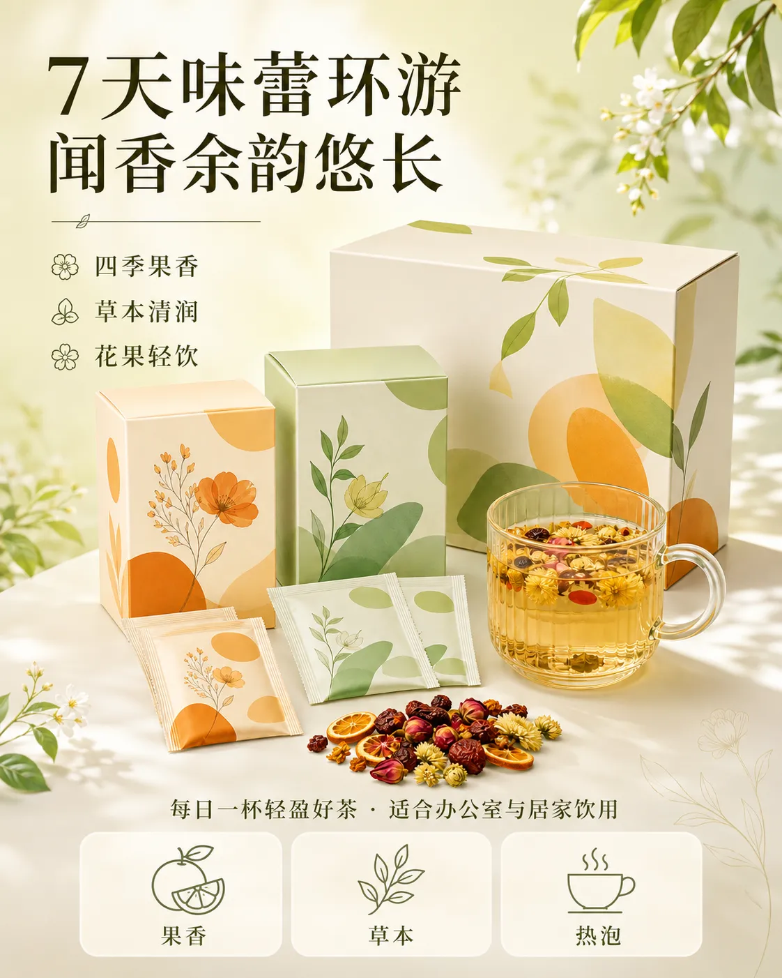 草本水果茶包装套装，内含泡茶｜AI 生图提示词