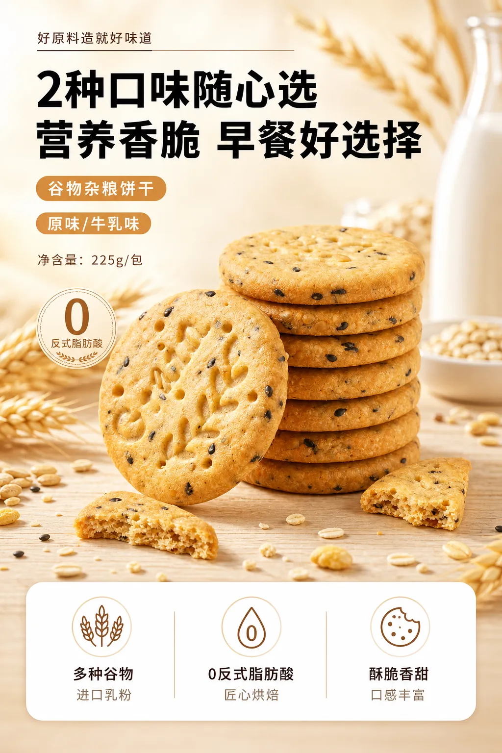 早餐脆脆多谷物饼干｜AI 生图提示词