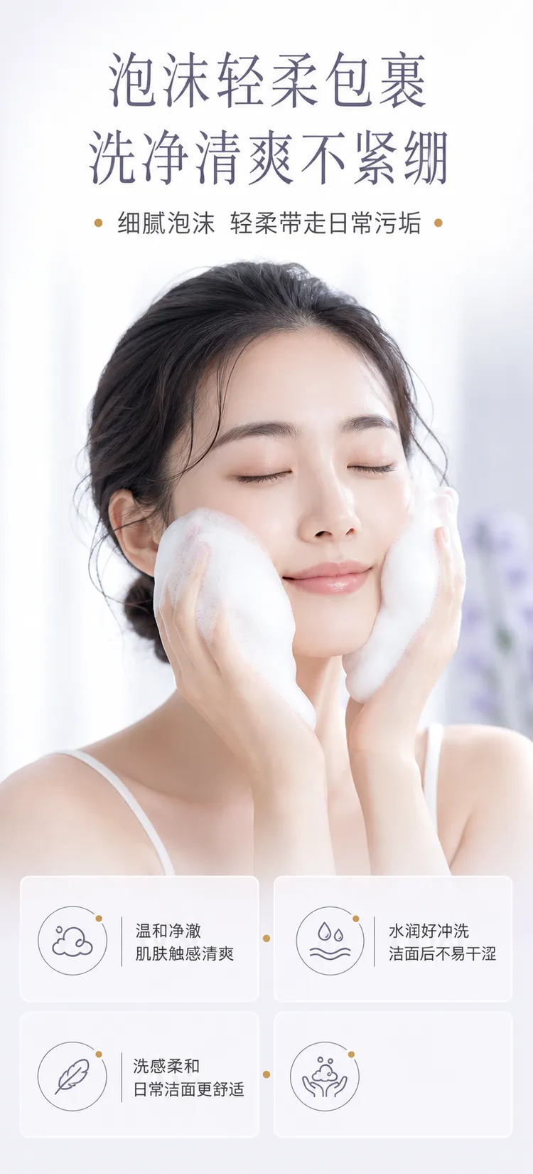 女性用温和的洁面泡沫洗脸｜AI 生图提示词