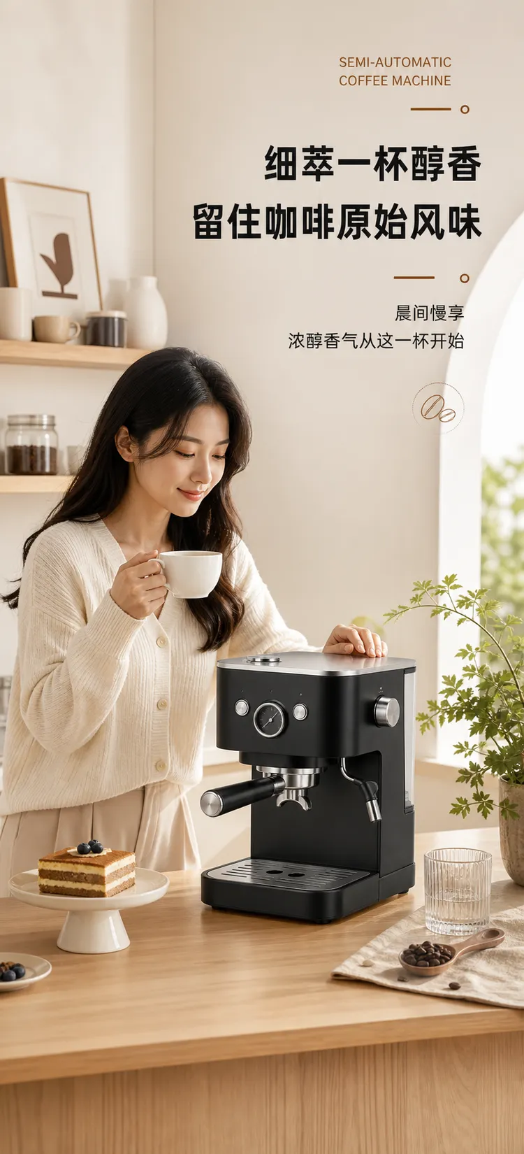 女人用半自动咖啡机喝咖啡｜AI 生图提示词