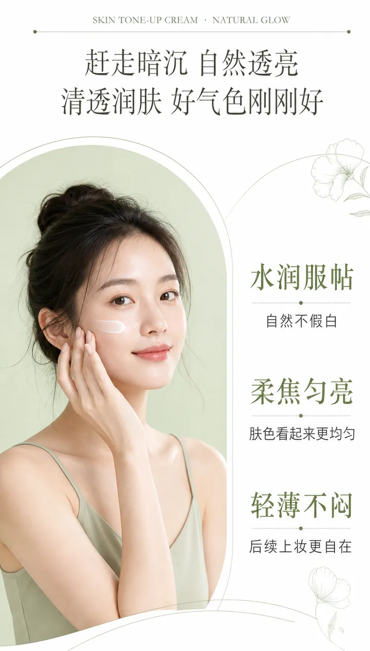 女性涂抹肤色提升霜，带来自然光泽｜AI 生图提示词