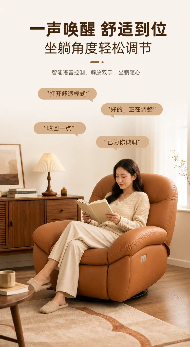 女性坐在智能语音控制的皮椅上阅读｜AI 生图提示词