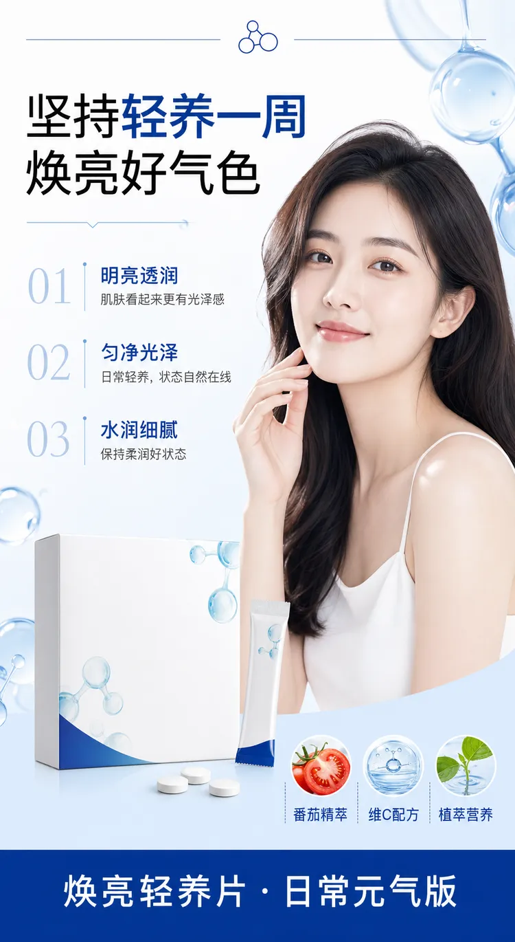 拥有光彩肌肤和美容补充片的女性｜AI 生图提示词