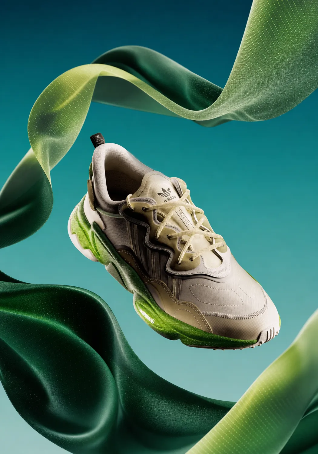 Adidas运动鞋漂浮着，绿色丝带｜AI 生图提示词